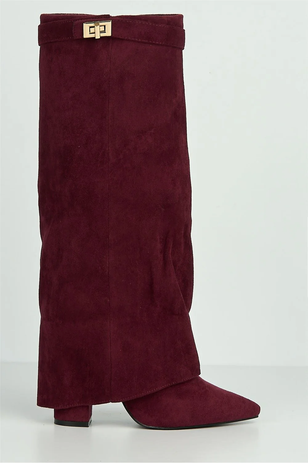 Ayla Block Heel Pointy Toe Gold Trim Buckle Collar Covered Calfboots in Wine Suede - Image 5