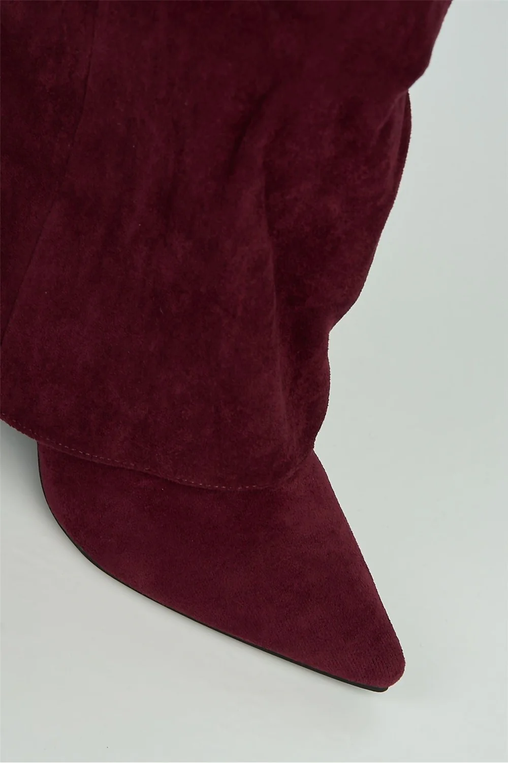 Ayla Block Heel Pointy Toe Gold Trim Buckle Collar Covered Calfboots in Wine Suede - Image 6