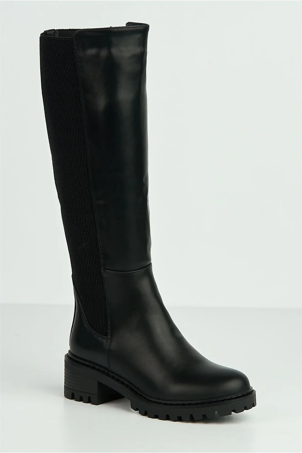 Aylinne Cleated Sole Stretch Back Knee High Boots in Black Matt - Image 4