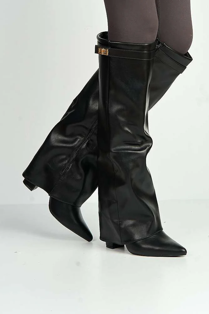 Ayma Knee High Block Heel Gold Trim Buckle Collar Boot in Black Matt
