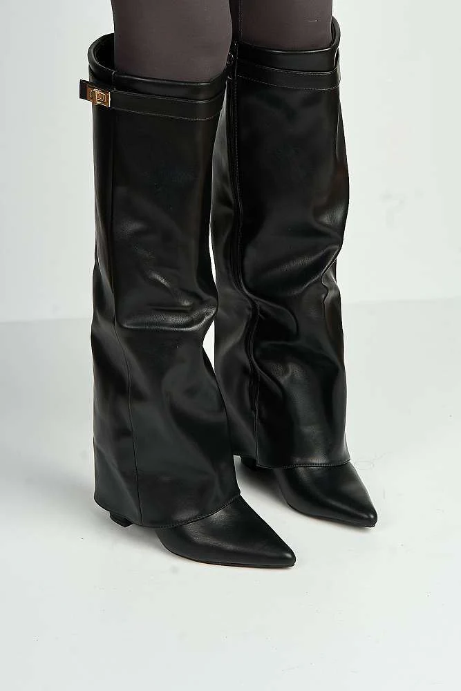 Ayma Knee High Block Heel Gold Trim Buckle Collar Boot in Black Matt - Image 2