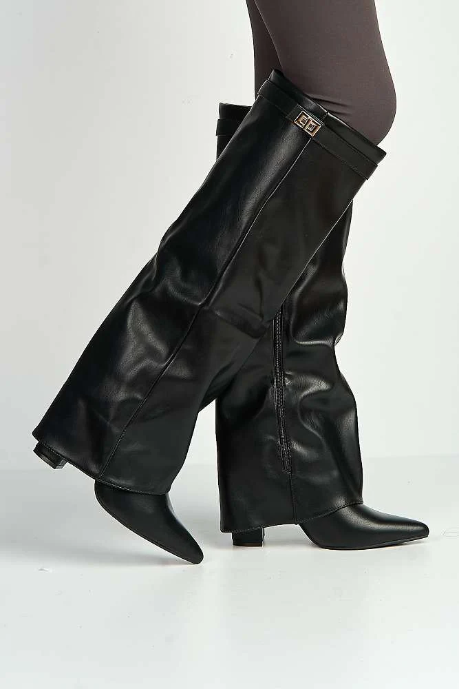 Ayma Knee High Block Heel Gold Trim Buckle Collar Boot in Black Matt - Image 3