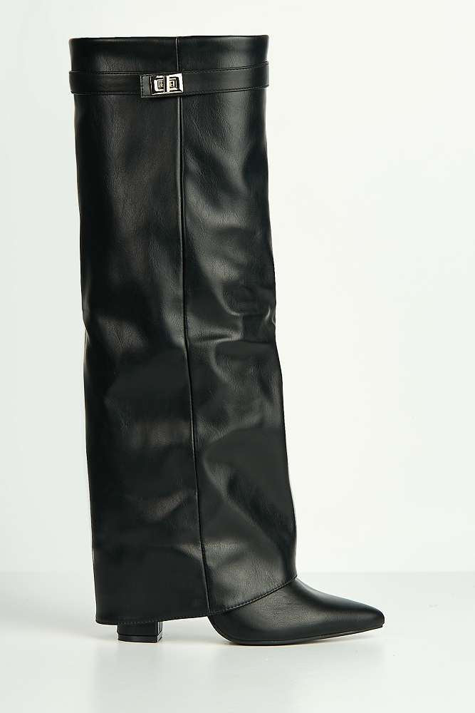 Ayma Knee High Block Heel Gold Trim Buckle Collar Boot in Black Matt - Image 4