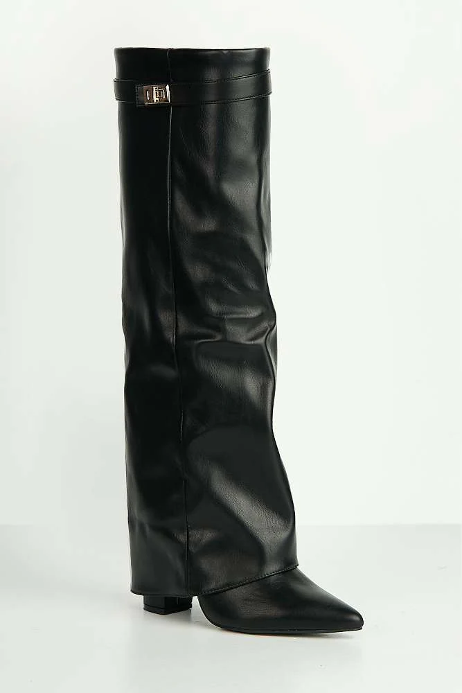 Ayma Knee High Block Heel Gold Trim Buckle Collar Boot in Black Matt - Image 6