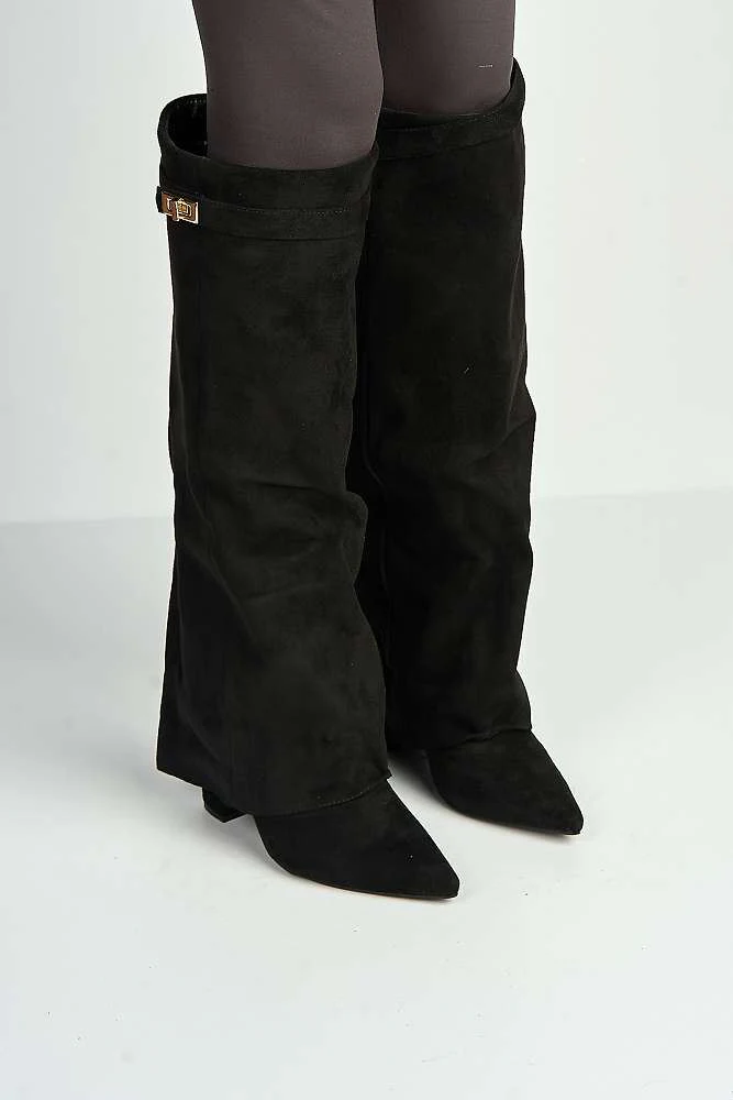 Ayma Knee High Block Heel Gold Trim Buckle Collar Boot in Black Suede