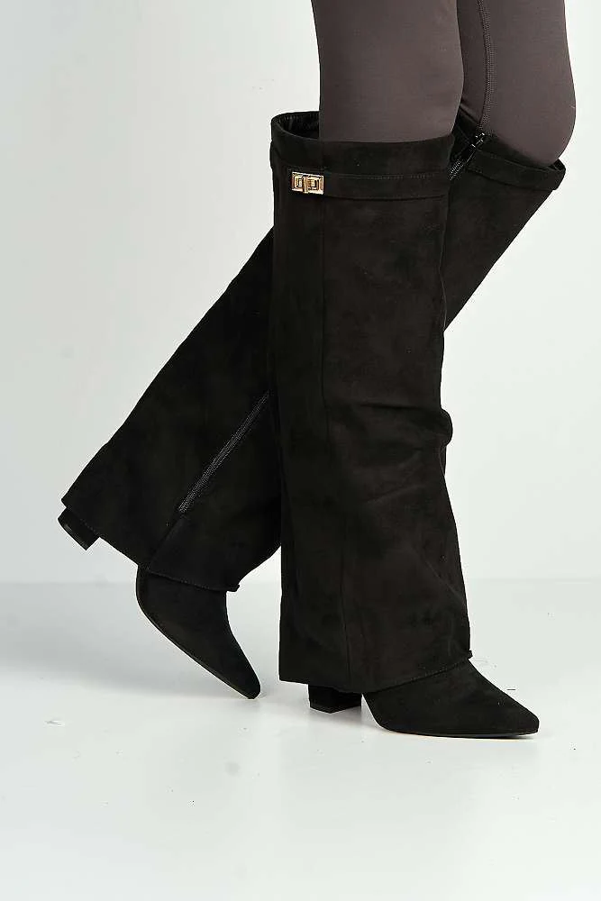 Ayma Knee High Block Heel Gold Trim Buckle Collar Boot in Black Suede - Image 2