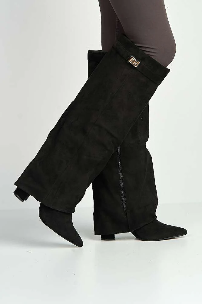 Ayma Knee High Block Heel Gold Trim Buckle Collar Boot in Black Suede - Image 3