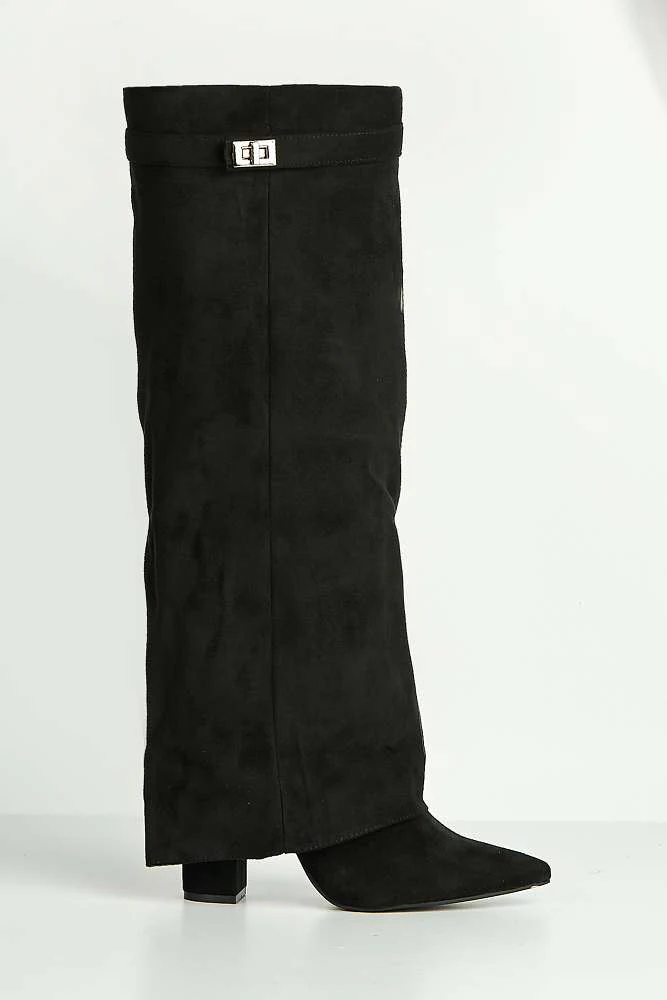 Ayma Knee High Block Heel Gold Trim Buckle Collar Boot in Black Suede - Image 4