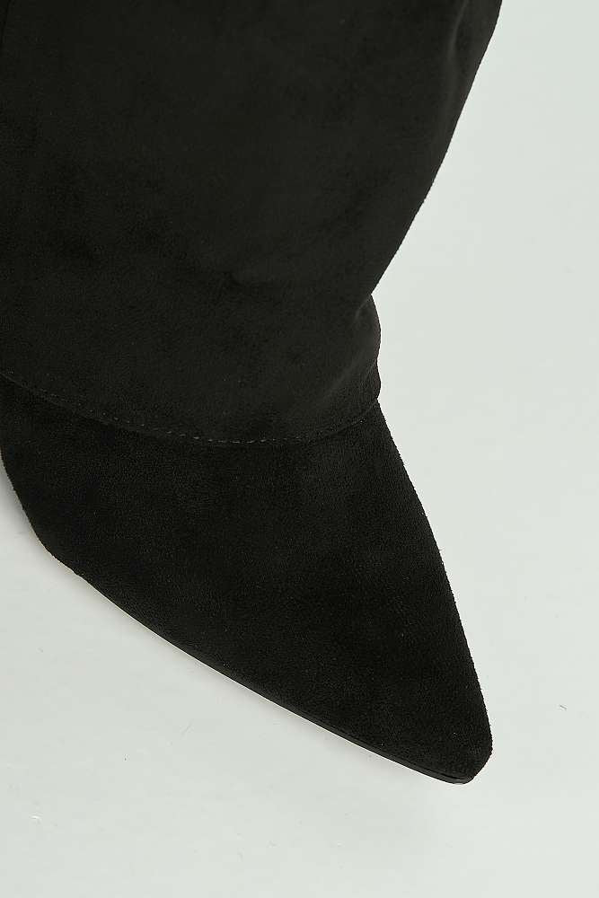 Ayma Knee High Block Heel Gold Trim Buckle Collar Boot in Black Suede - Image 5
