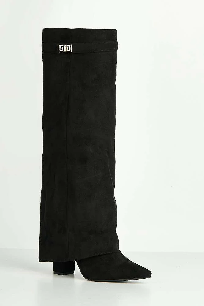 Ayma Knee High Block Heel Gold Trim Buckle Collar Boot in Black Suede - Image 6