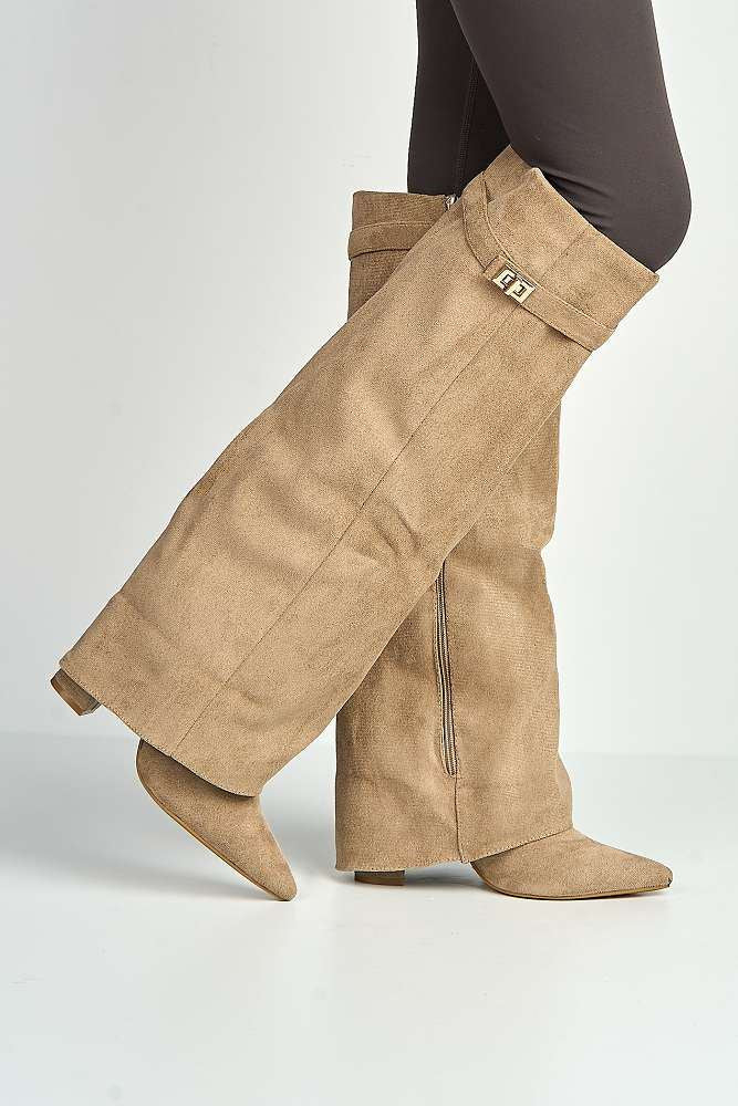 Ayma Knee High Block Heel Gold Trim Buckle Collar Boot in Taupe Suede - Image 2