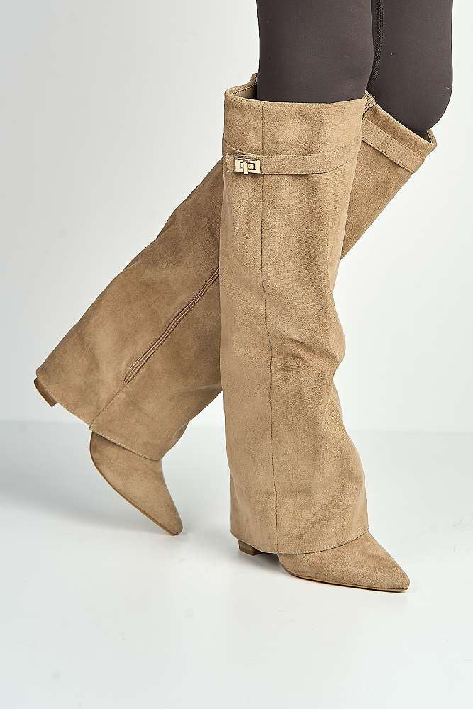 Ayma Knee High Block Heel Gold Trim Buckle Collar Boot in Taupe Suede - Image 3