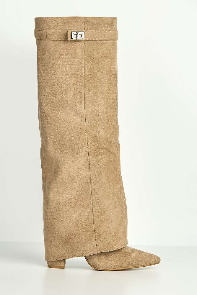 Ayma Knee High Block Heel Gold Trim Buckle Collar Boot in Taupe Suede - Image 4