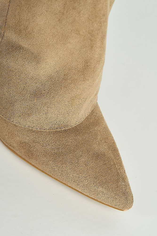 Ayma Knee High Block Heel Gold Trim Buckle Collar Boot in Taupe Suede - Image 5
