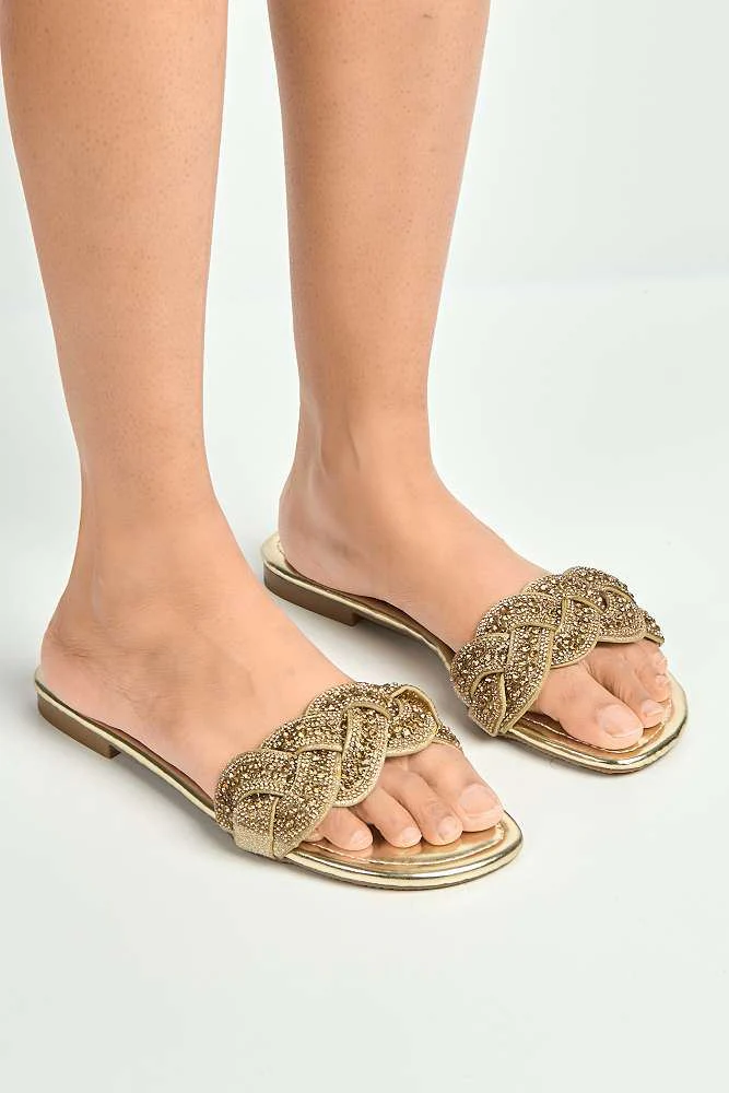 Azalea Diamante Braided Band Sliders in Gold