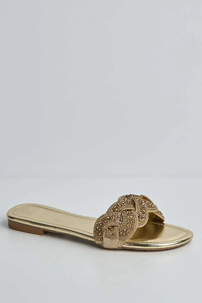 Azalea Diamante Braided Band Sliders in Gold - Image 4