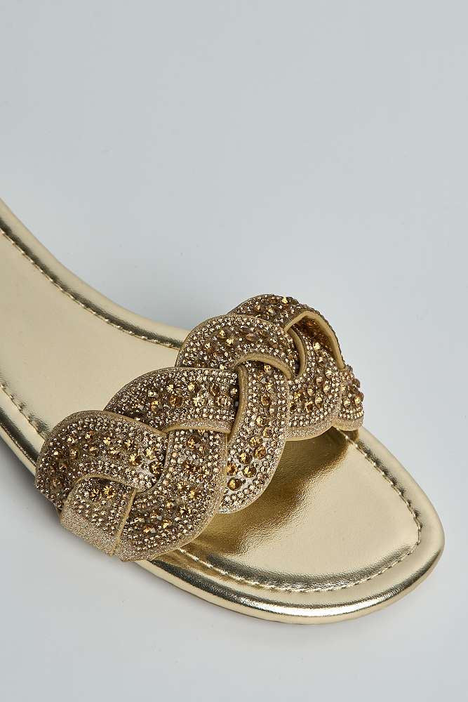 Azalea Diamante Braided Band Sliders in Gold - Image 5