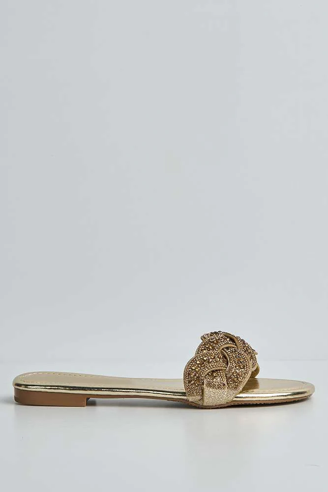 Azalea Diamante Braided Band Sliders in Gold - Image 6