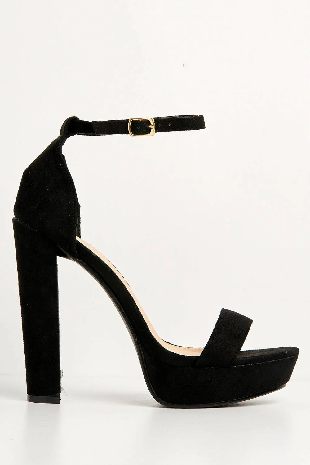 Azaria Ankle Strap Block Heel Platform Heeled Sandals in Black Suede - Image 4