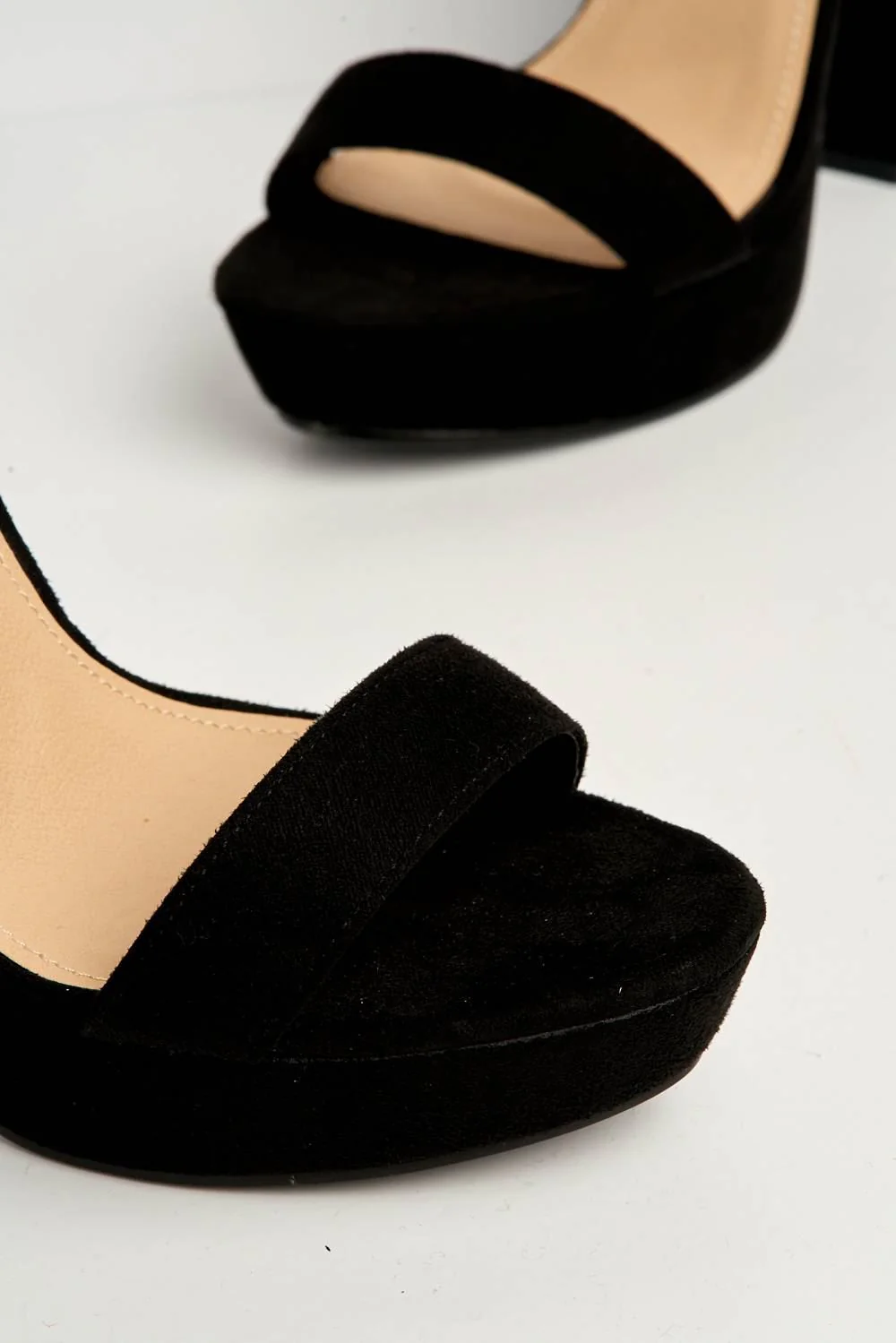 Azaria Ankle Strap Block Heel Platform Heeled Sandals in Black Suede - Image 5