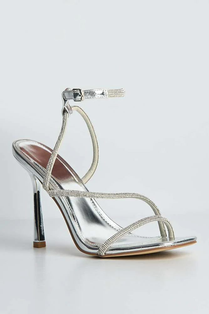 Azelma Diamante Strappy High Heels in Silver Matt - Image 4
