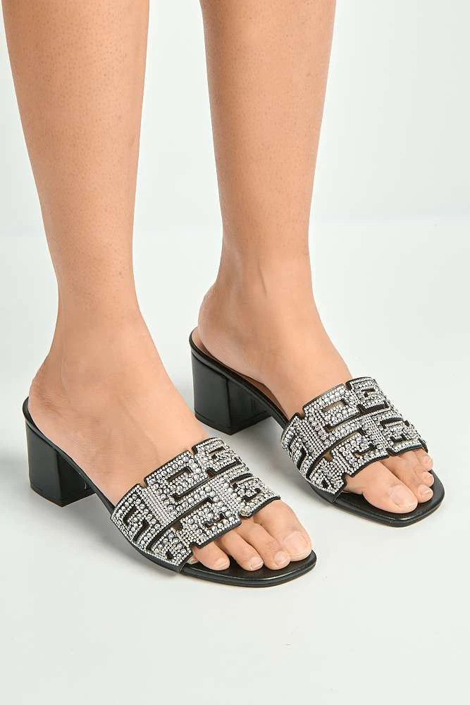 Azmariah Diamante & Gemstone Aztec Band Block Heel Mules in Black