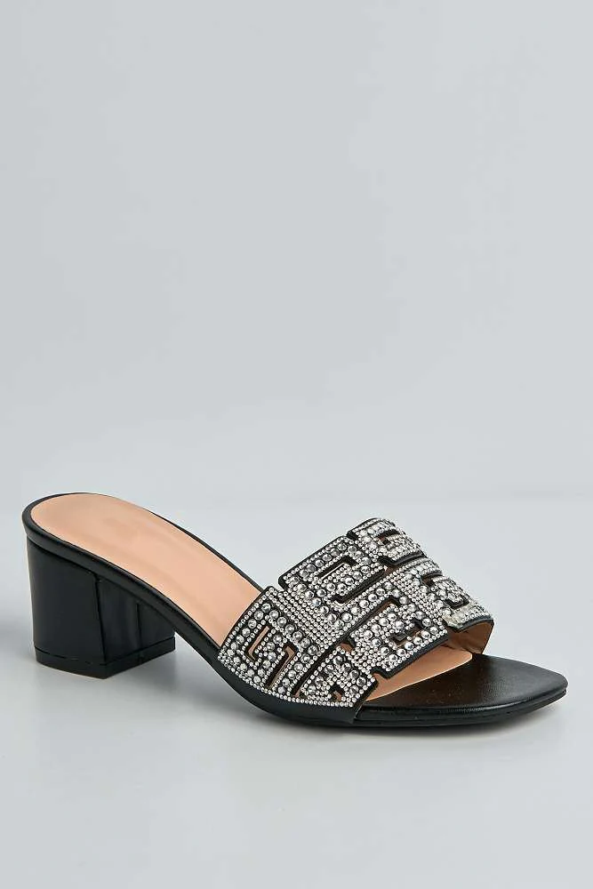 Azmariah Diamante & Gemstone Aztec Band Block Heel Mules in Black - Image 4
