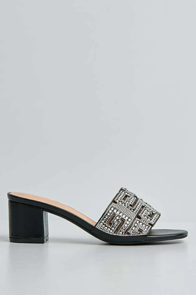 Azmariah Diamante & Gemstone Aztec Band Block Heel Mules in Black - Image 6