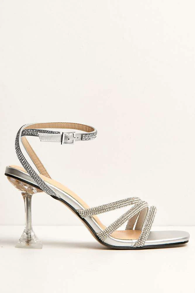 Azura Perspex Heel Diamante Embellished Anklestrap Sandals in Silver - Image 4