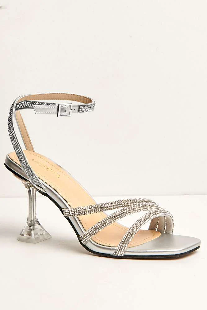 Azura Perspex Heel Diamante Embellished Anklestrap Sandals in Silver - Image 5