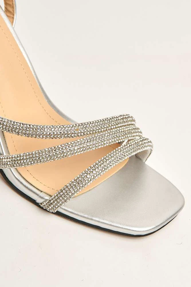 Azura Perspex Heel Diamante Embellished Anklestrap Sandals in Silver - Image 6