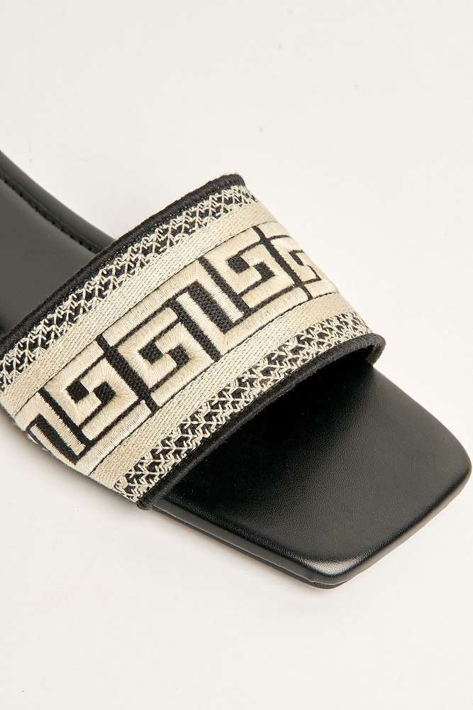 Azzam Square Toe Aztec Print Sliders in Black - Image 6