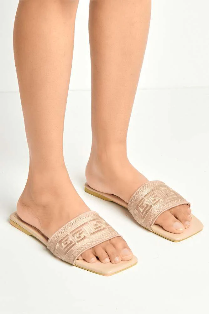 Azzam Square Toe Aztec Print Sliders in Nude - Image 3