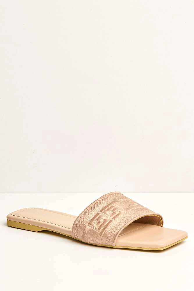 Azzam Square Toe Aztec Print Sliders in Nude - Image 4