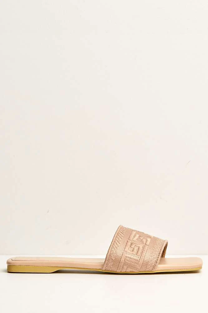 Azzam Square Toe Aztec Print Sliders in Nude - Image 5