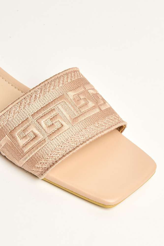 Azzam Square Toe Aztec Print Sliders in Nude - Image 6
