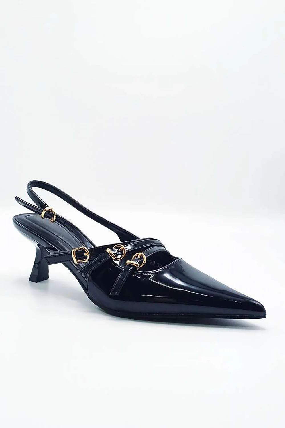 Azzura Pointed Toe 3 Strap Buckle Detail Slingback Court Shoes in Black - Image 2