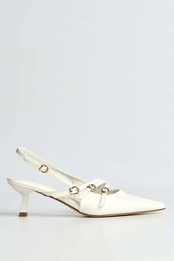 Azzura Pointed Toe 3 Strap Buckle Detail Slingback Court Shoes in White - Image 6