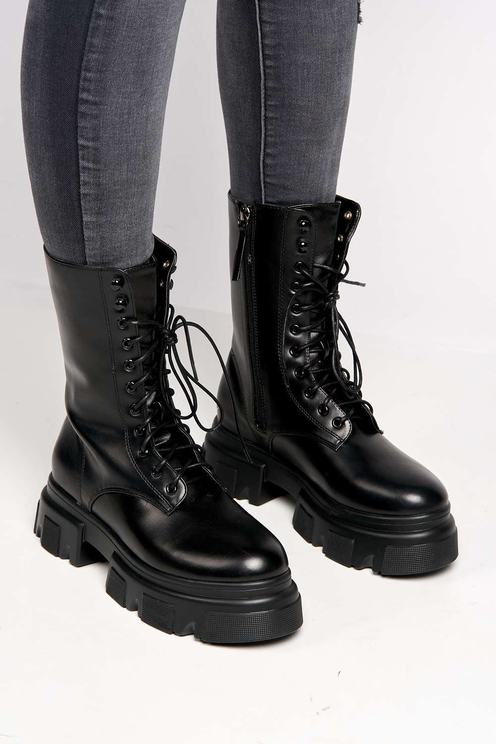 Bernie Chunky Lace-up Biker Boots with Side Zip in Black - Image 2