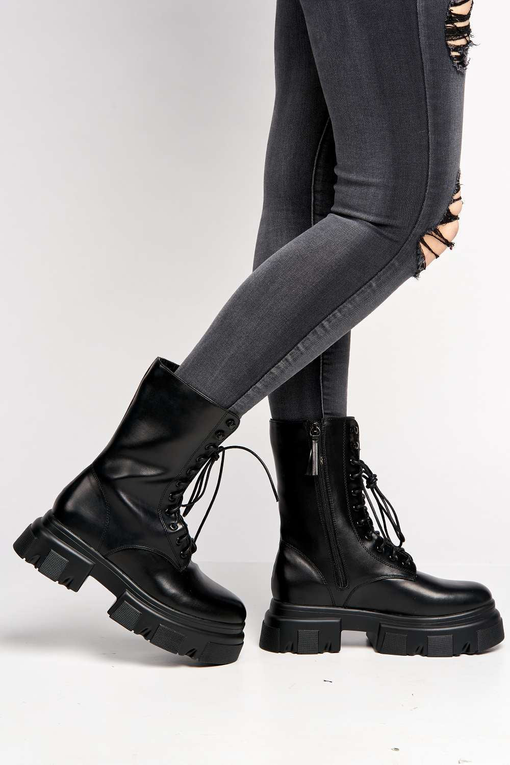 Bernie Chunky Lace-up Biker Boots with Side Zip in Black - Image 3