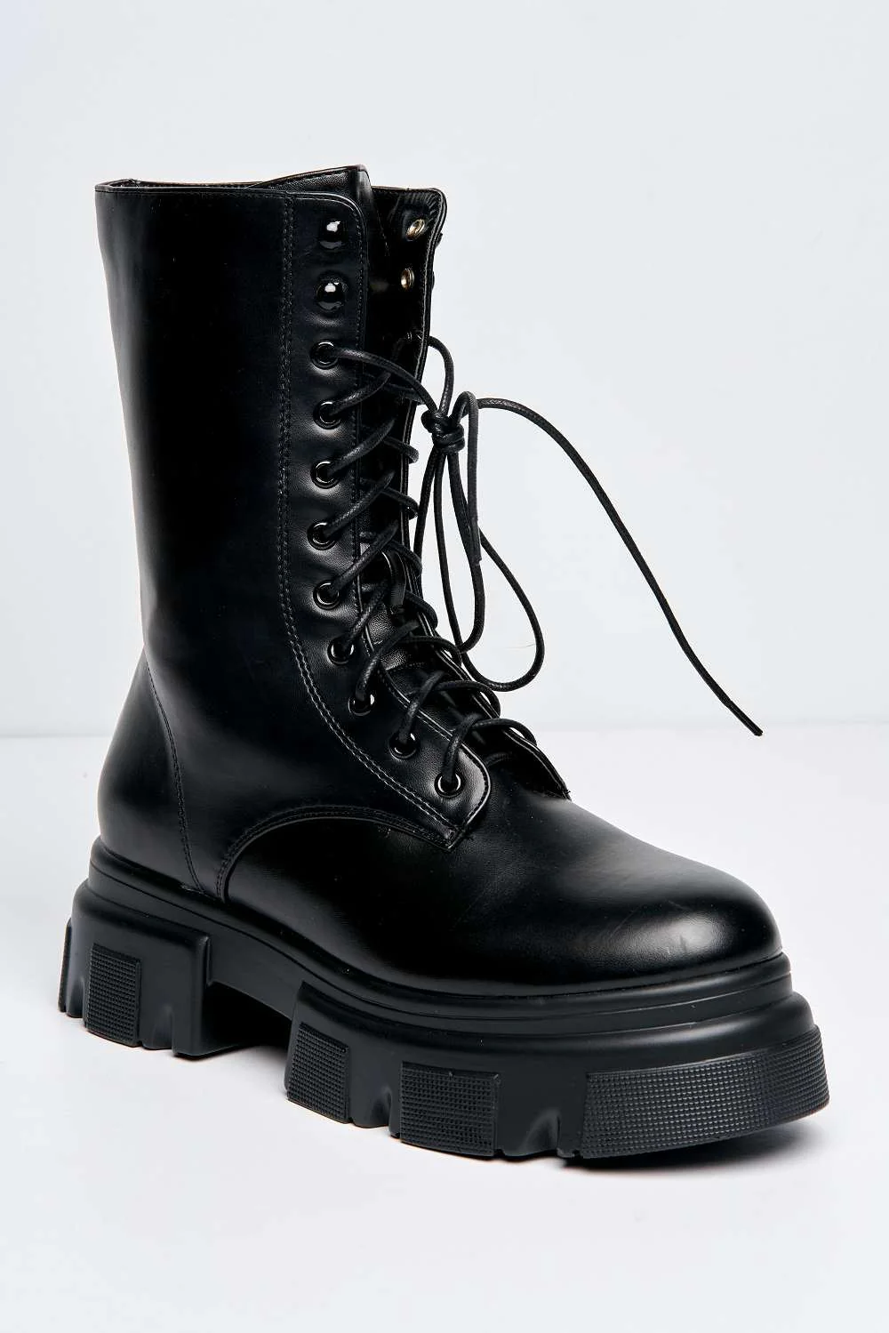 Bernie Chunky Lace-up Biker Boots with Side Zip in Black - Image 4