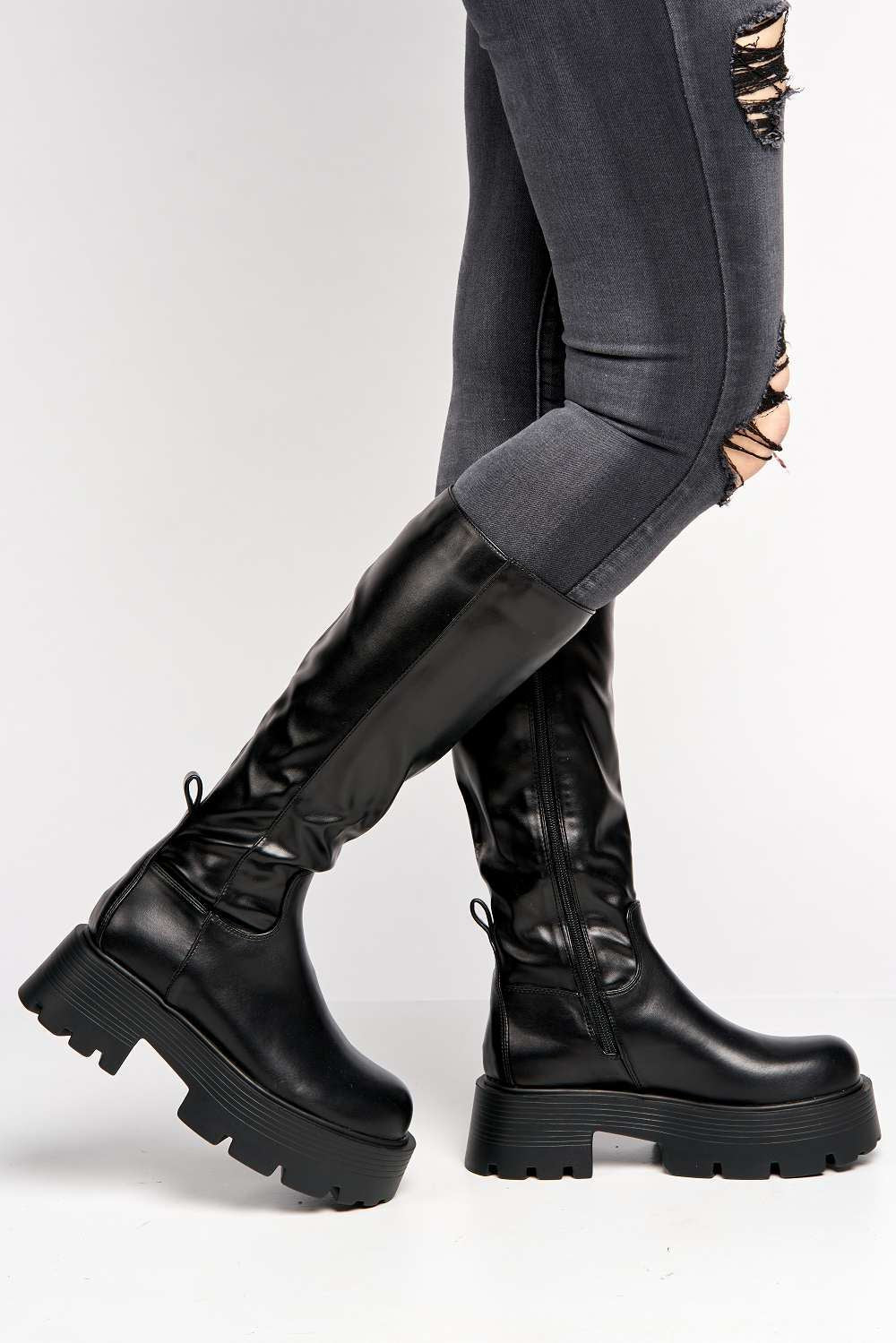 Bernie Chunky Sole Calf Boots in Black