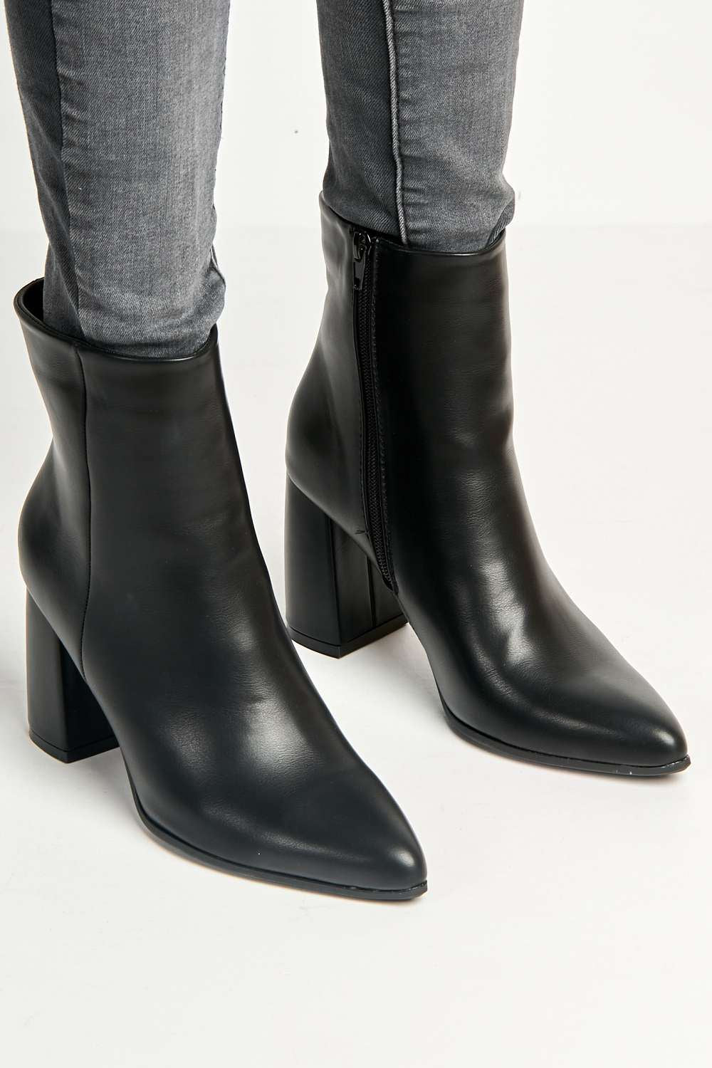 Billie Pointed Toe Block Heel Ankle Boots in Black Matt - Image 3