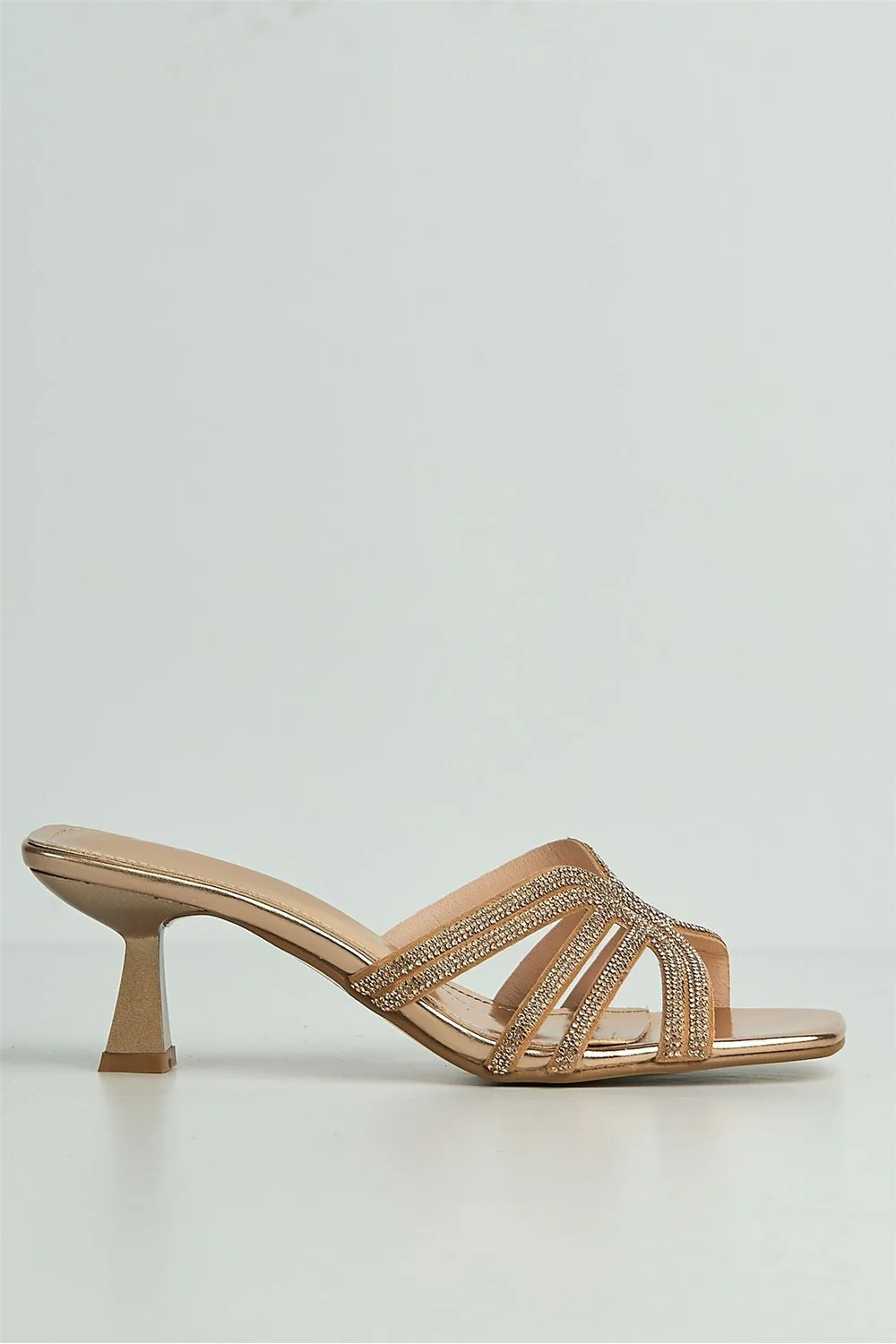 Blythe Diamante Strap Band Heeled Mules in Champagne - Image 5