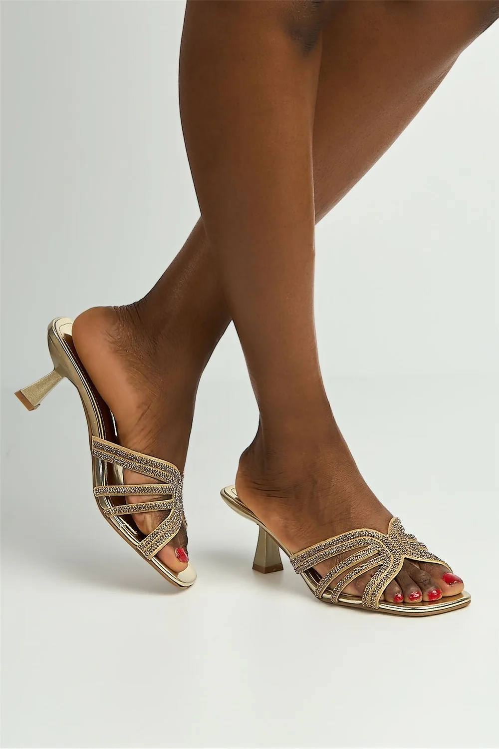 Blythe Diamante Strap Band Heeled Mules in Gold - Image 2