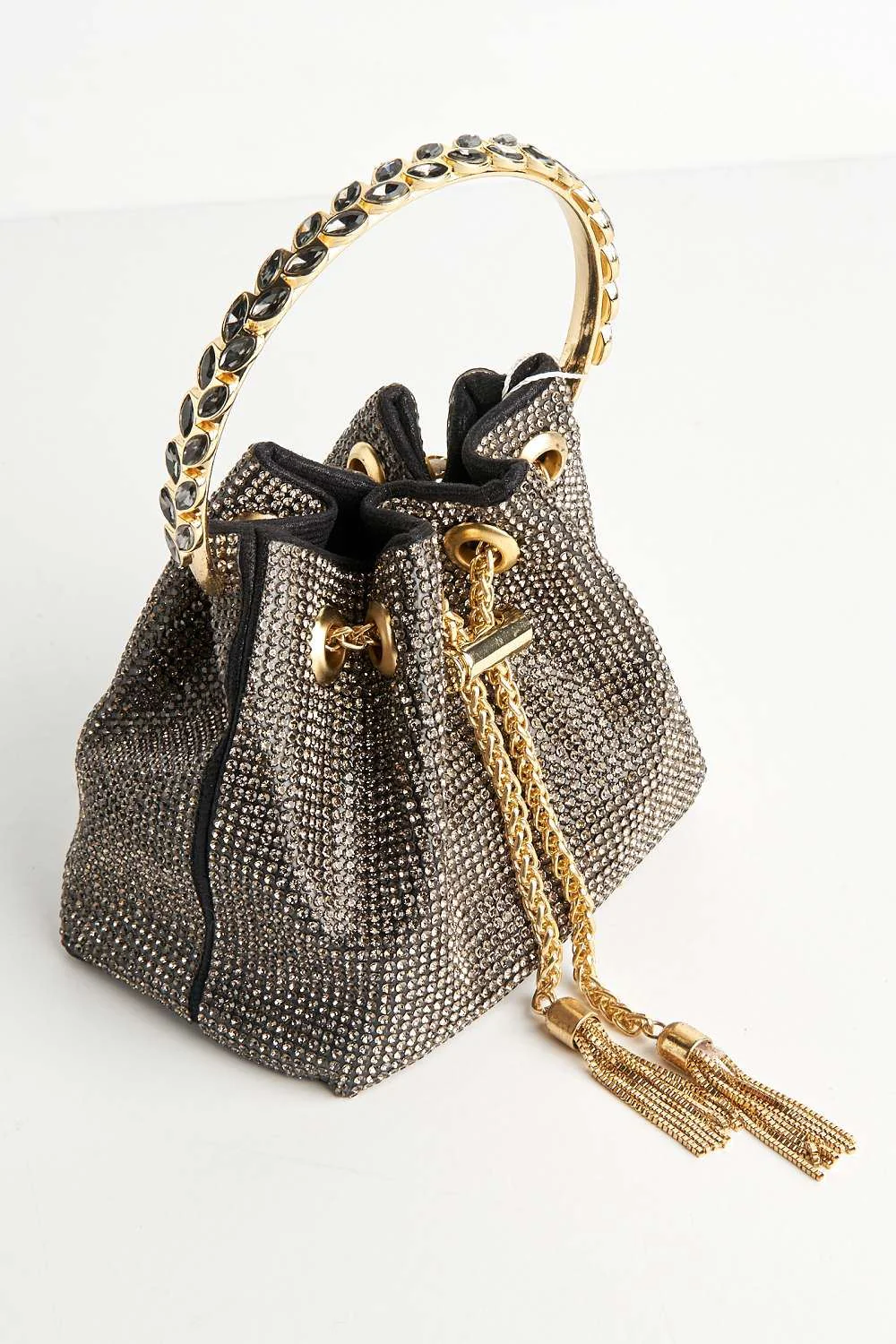 Boujee Diamante Embellished Pouch Bag with Metal Handle in Black - Image 2