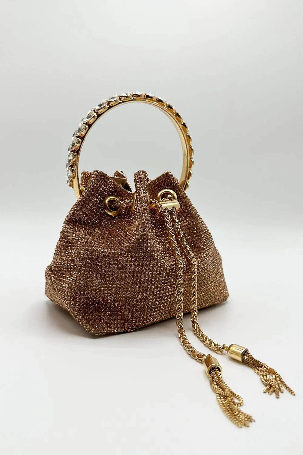 Boujee Diamante Embellished Pouch Bag with Metal Handle in Champagne