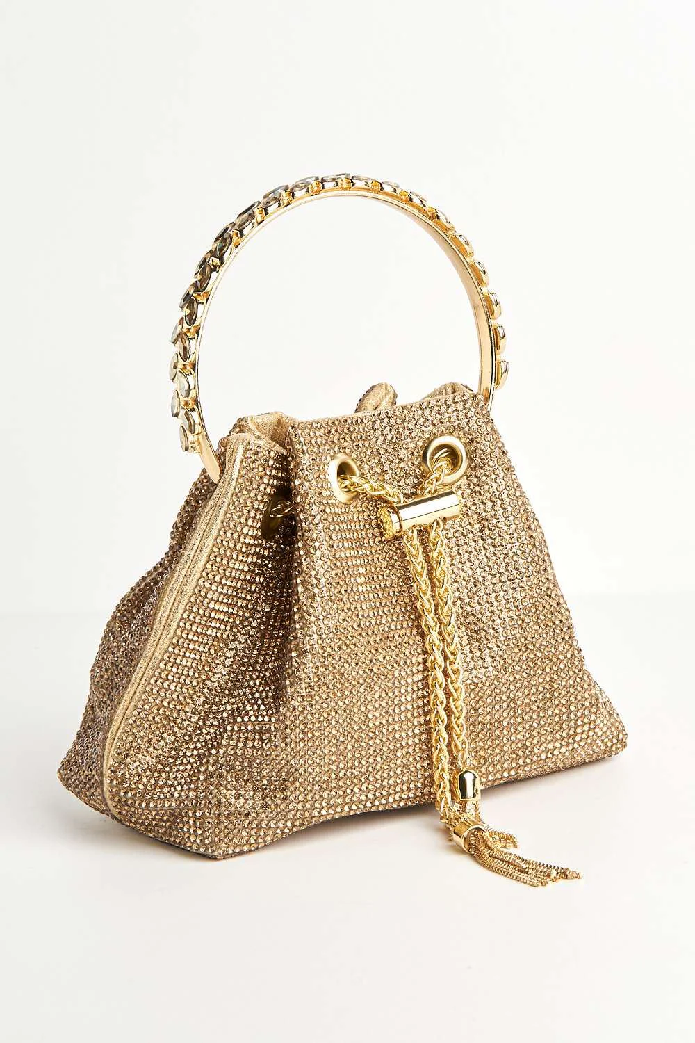 Boujee Diamante Embellished Pouch Bag with Metal Handle in Gold