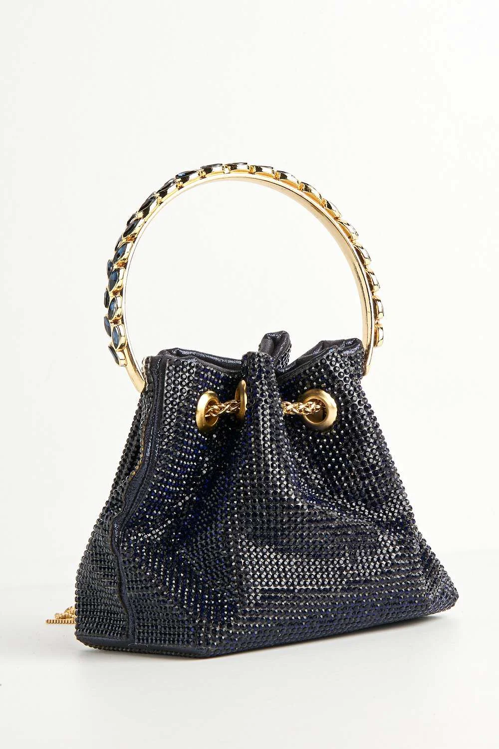 Boujee Diamante Embellished Pouch Bag with Metal Handle in Navy - Image 3