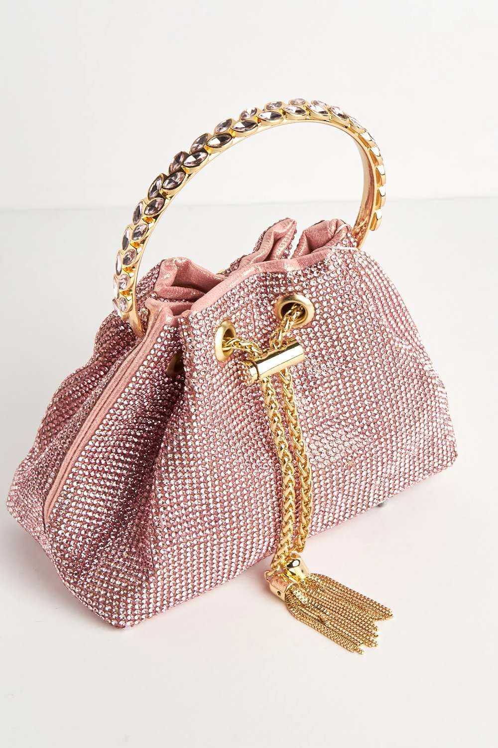 Boujee Diamante Embellished Pouch Bag with Metal Handle in Pink - Image 2